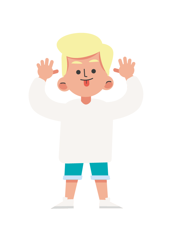 Vrolijk kind met de handen omhoog dat zijn tong uitsteekt