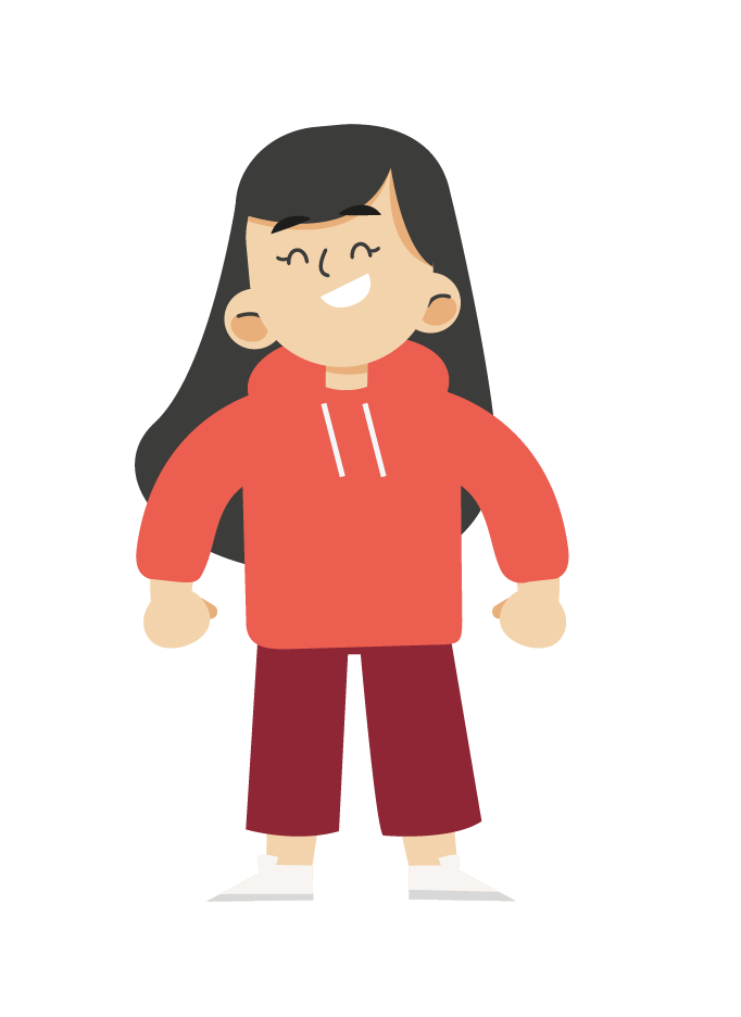 Lachend kind met lang donker haar in een rode hoodie